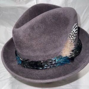 Gray Fedora Hat with Feather Accent